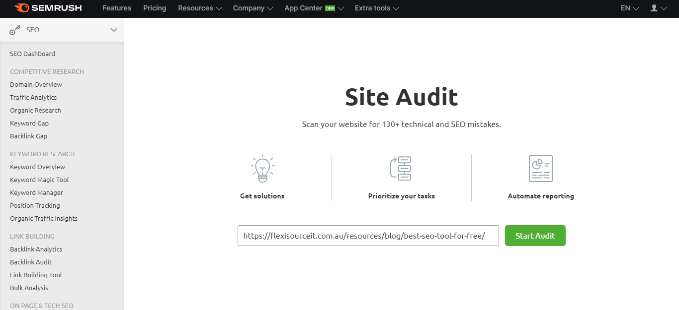 SEMRush Site Audit Tool free seo tool
